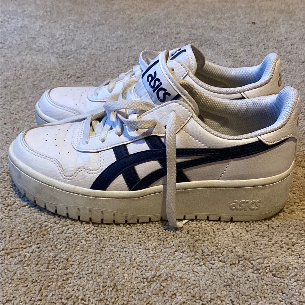 Gently worn ASICS Japan S platform, navy.